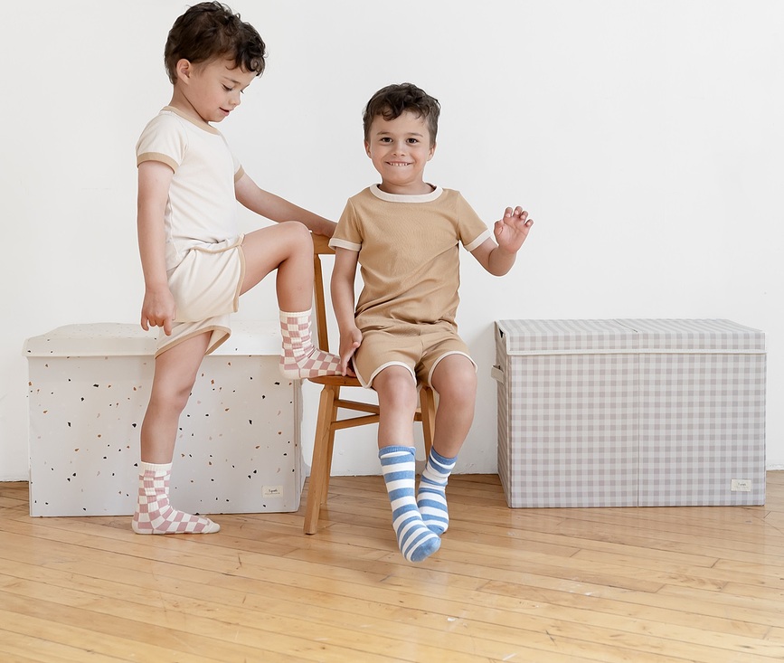 Caja de almacenaje Gingham, con tapa, beige