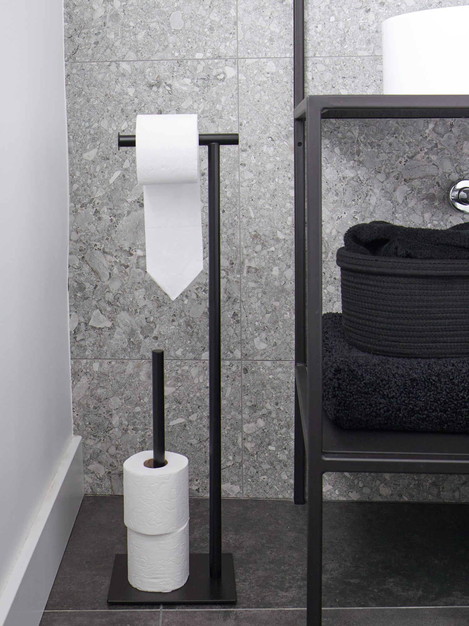 Free Standing Matte Black Toilet Paper Holder Stand White Marble