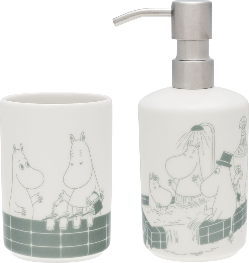 Dispensador de Jabón y Portacepillos Moomin, Arabia Finland, Set de 2 piezas