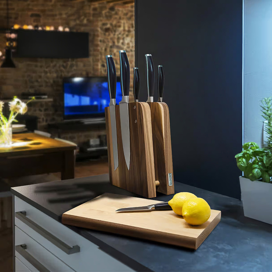 Grand Prix Stojalo za nože magnetno, iz bukovega lesa, z desko, 2 kosa