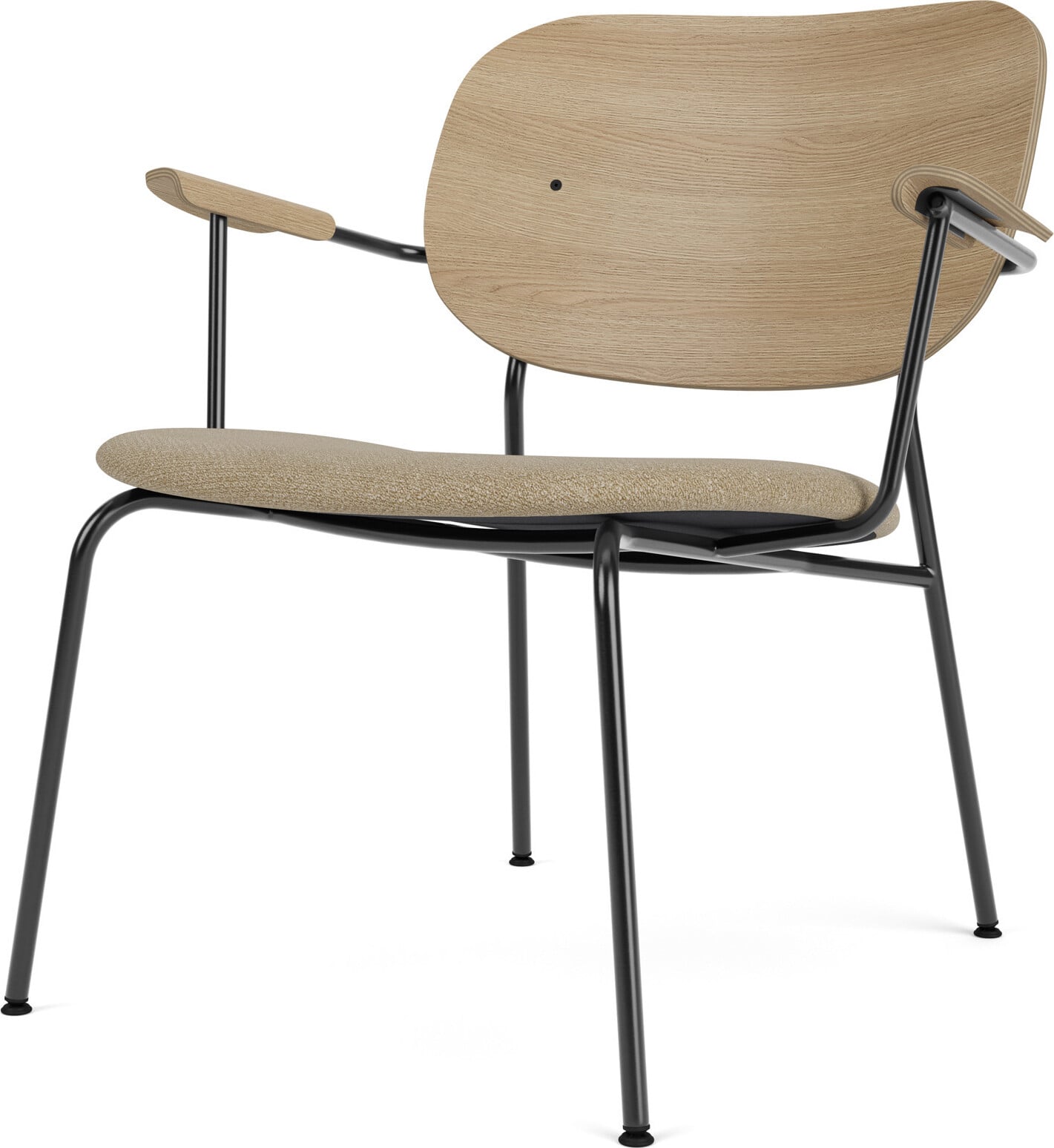 Co Stuhl niedrig beige Rückenlehne helle Eiche gepolsterter Sitz mit Armlehnen mit schwarzen Beinen