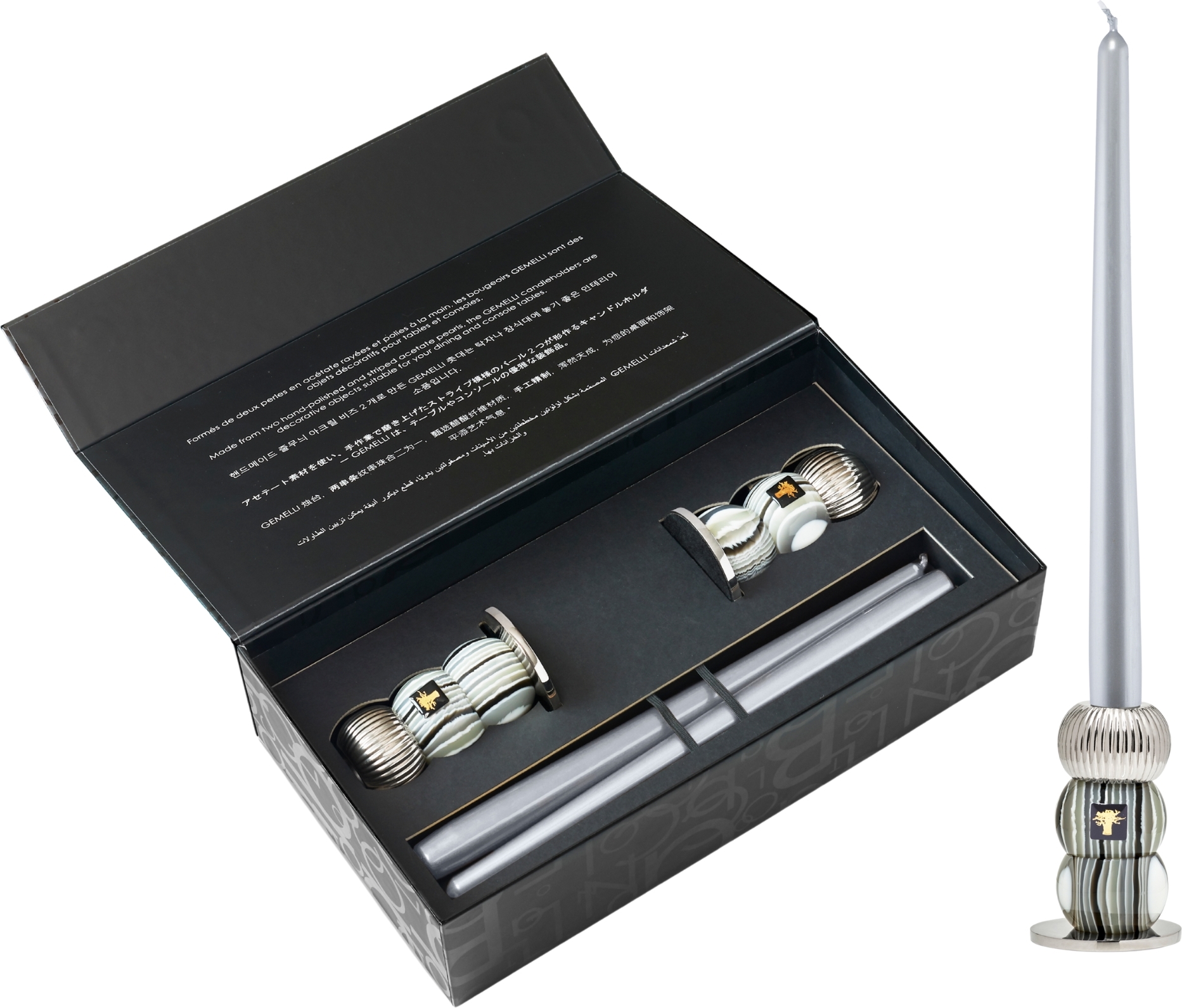 Gemelli Silver Kerzenhalter-Set mit Kerzen, silber, 4-tlg.