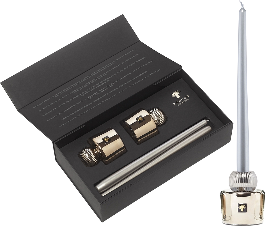 Set de Portavelas y Velas Twins Les Exclusives Platinum, acabado platino, 4 piezas