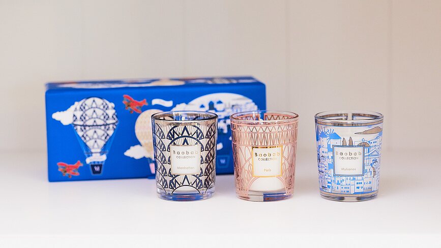 Set de Velas aromáticas My First Baobab Gift Trio, aromas Manhattan, París y Mykonos, 3 unidades