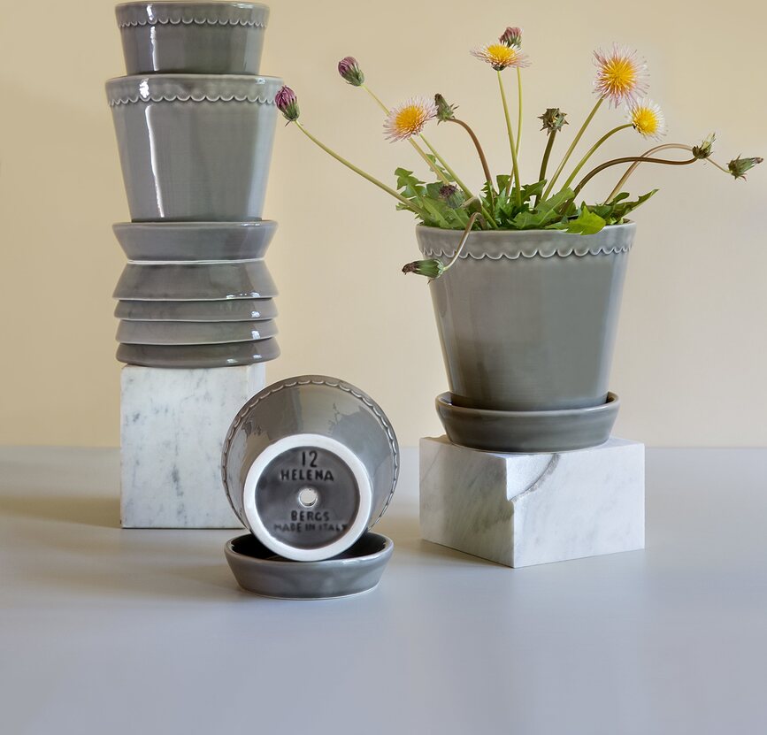 Helena Pot de Fleurs avec soucoupe, 18 cm, gris, émaillé