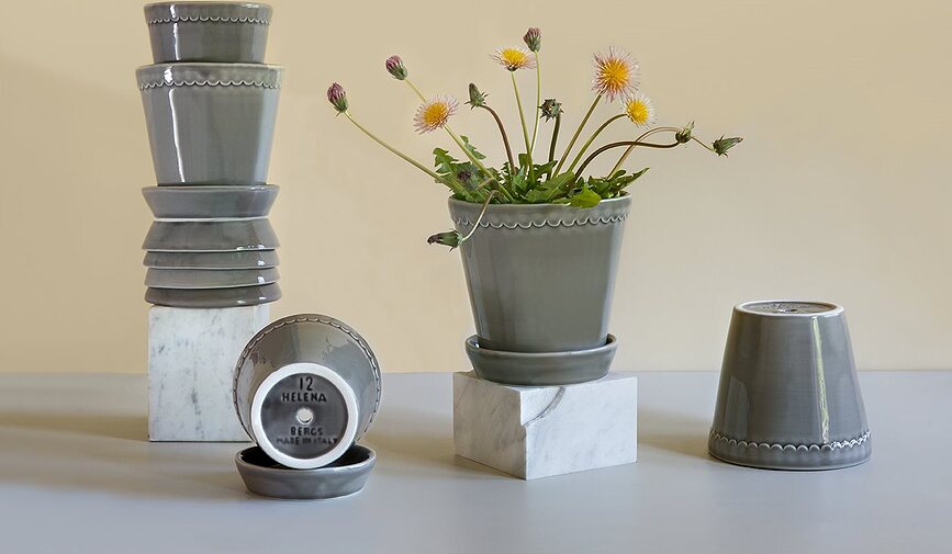 Helena Pot de Fleurs avec soucoupe, 18 cm, gris, émaillé