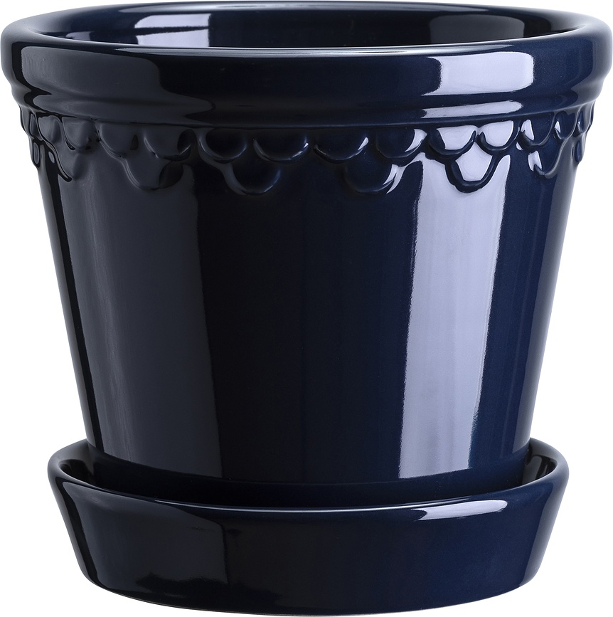 Maceta esmaltada con plato Københavner, 25 cm, azul zafiro