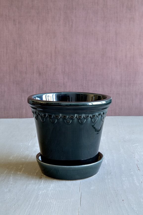 Maceta esmaltada Københavner, 10 cm, azul, con plato
