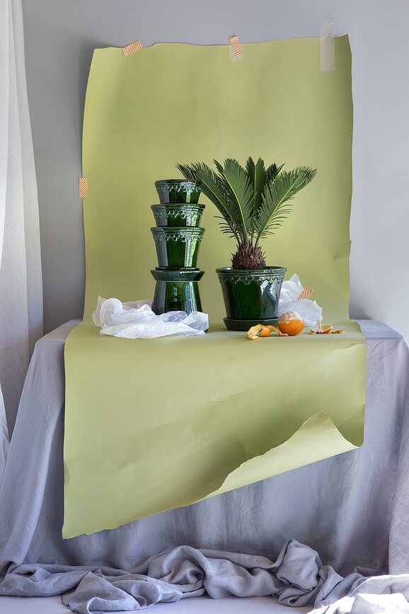 Maceta esmaltada Københavner, 12 cm, verde, con plato