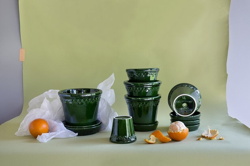 Maceta esmaltada Københavner, 12 cm, verde, con plato