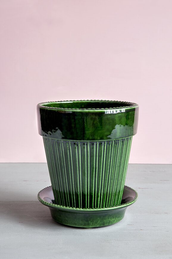 Maceta esmaltada Simona, 12 cm, verde, con plato