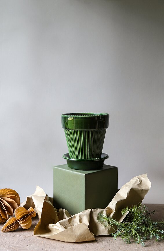 Maceta esmaltada Simona, 12 cm, verde, con plato