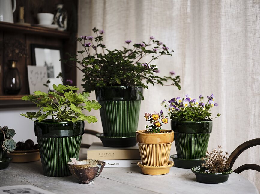 Simona Pot de Fleurs émaillé avec soucoupe, 16 cm, jaune