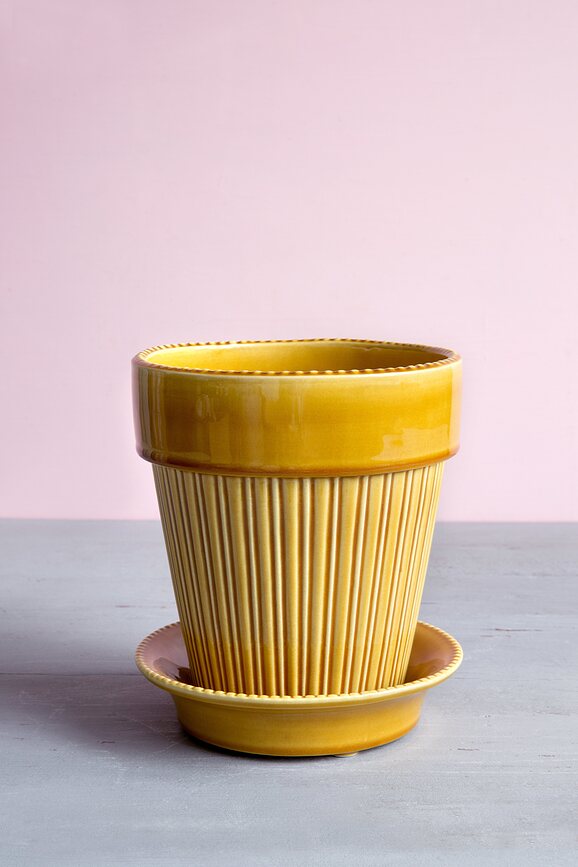 Simona Pot de Fleurs émaillé avec soucoupe, 16 cm, jaune