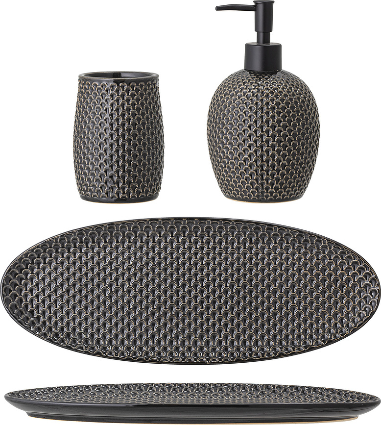 Hrin Distributeur de Savon avec gobelet à brosses à dents et plateau, anthracite, Set 3 pièces