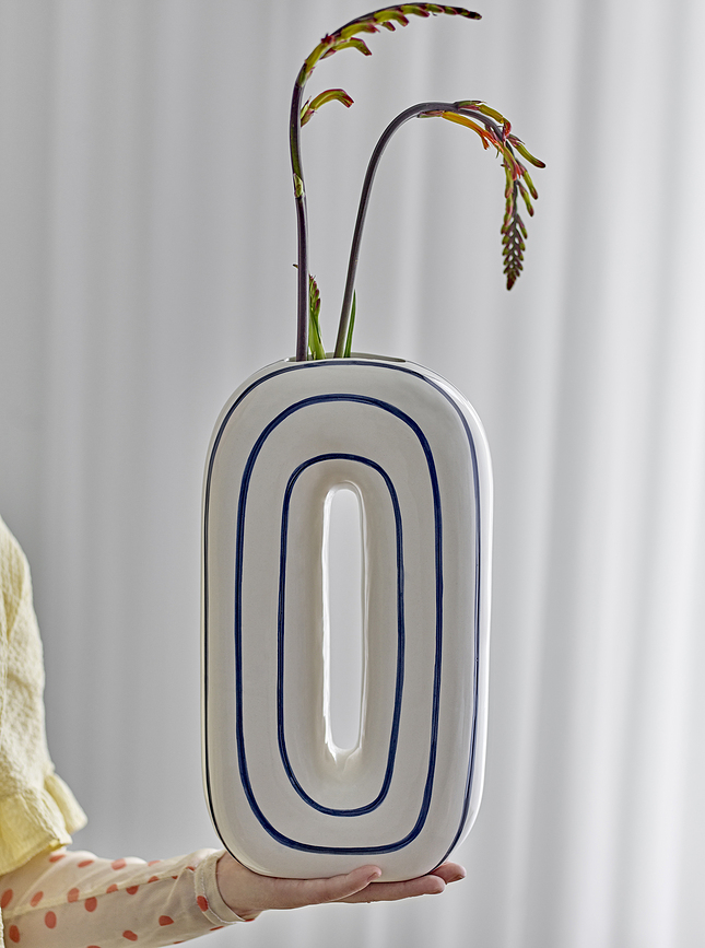 Jarrón decorativo Mae, 32 cm, crema y azul