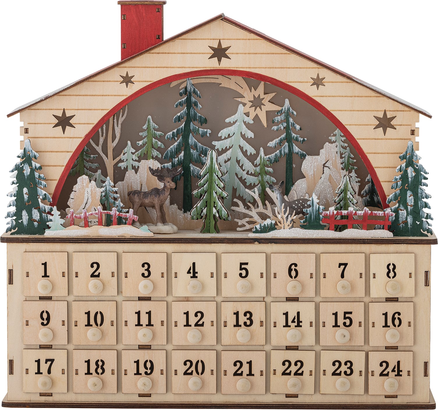 Melvin Adventskalender mit LED-Beleuchtung 34 cm, natur