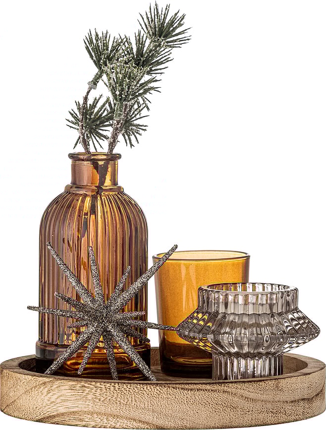 Portavelas Sanga, con bandeja de madera y elementos decorativos, Set de 6 piezas