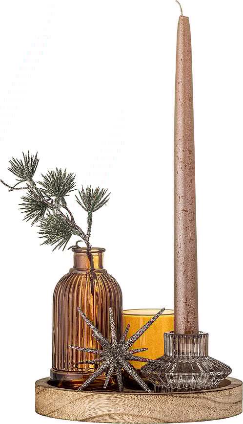 Portavelas Sanga, con bandeja de madera y elementos decorativos, Set de 6 piezas