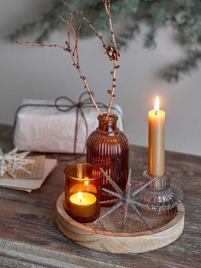 Portavelas Sanga, con bandeja de madera y elementos decorativos, Set de 6 piezas