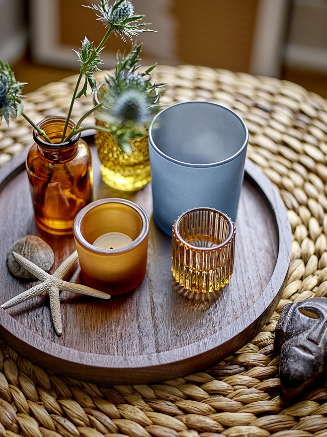 Portavelas para Velas de Té Sanga, con bandeja, beis y verde, Set de 6 piezas