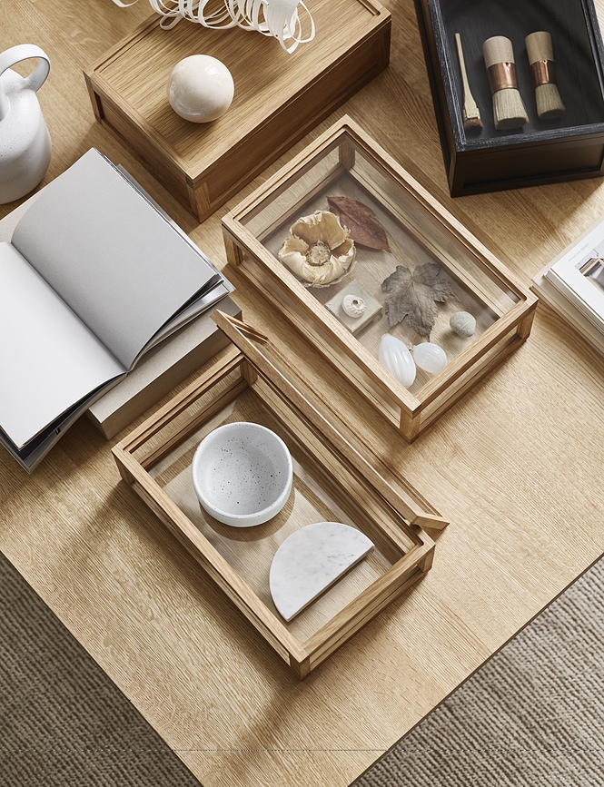 Norie Boîte de Rangement en bois, chêne naturel, avec couvercle en verre