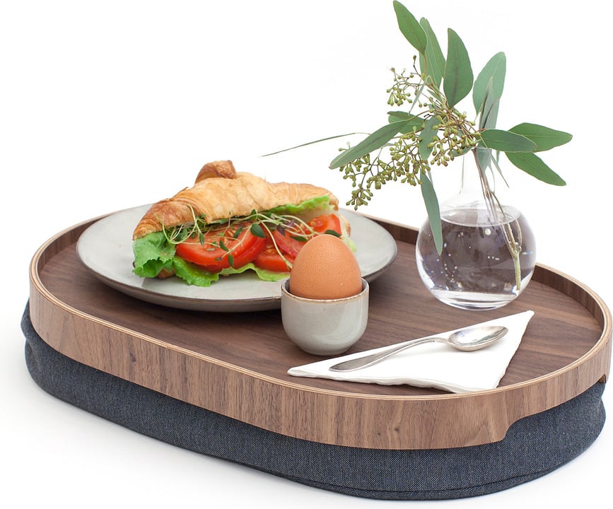 Bandeja Para Regazo de madera de nogal Laptray, ovalada, talla M, con superficie antideslizante, cojín gris