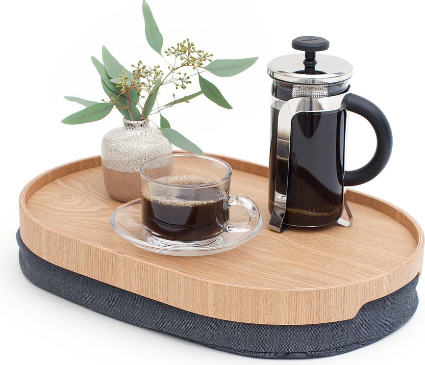 Bandeja Para Regazo de madera de nogal Laptray, ovalada, talla M, con superficie antideslizante, cojín gris