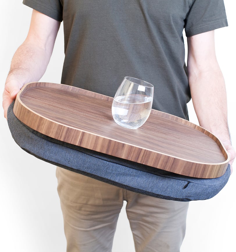 Δίσκος Laptray, οβάλ, L, ξύλο καρυδιάς, με αντιολισθητική επίστρωση, με γκρι μαξιλάρι