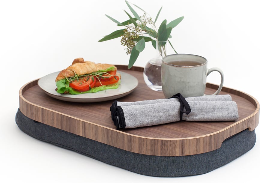 Δίσκος Laptray, οβάλ, L, ξύλο καρυδιάς, με αντιολισθητική επίστρωση, με γκρι μαξιλάρι