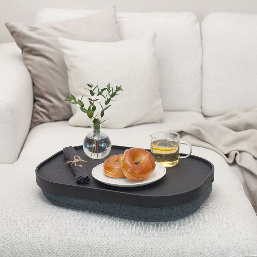 Δίσκος Laptray, οβάλ, L, ξύλο καρυδιάς, με αντιολισθητική επίστρωση, με γκρι μαξιλάρι