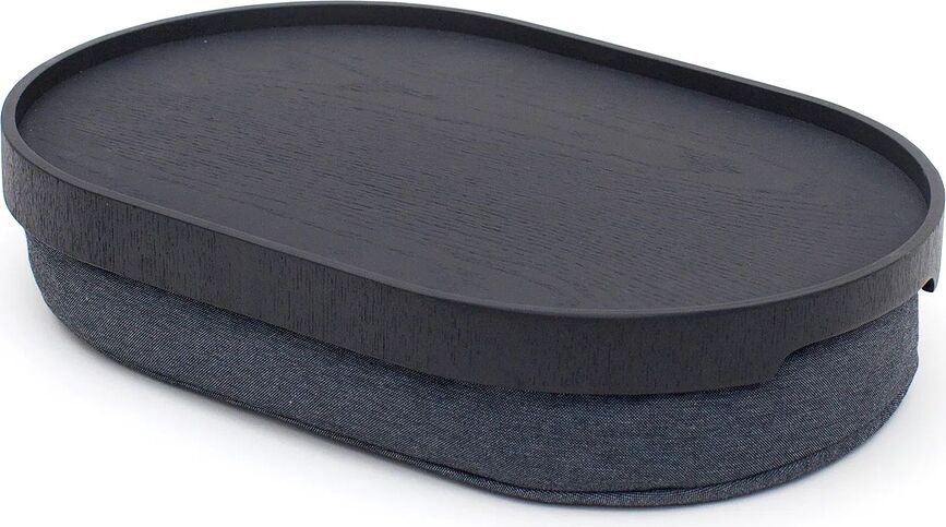 Laptray Ovalen Pladenj, 43 x 33 x 6,5 cm, črn mat, iz vrbovega lesa, z nedrsečo prevleko in s sivo blazino