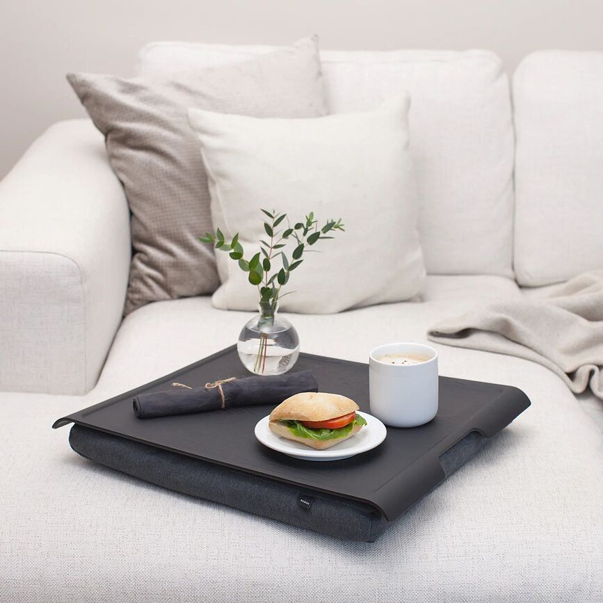 Laptray Plateau L, avec coussin gris, antidérapant, noir mat, en bois de saule