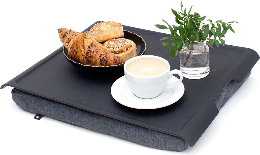Laptray Plateau L, avec coussin gris, antidérapant, noir mat, en bois de saule