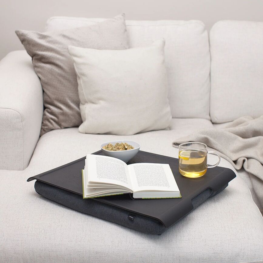 Laptray Plateau L, avec coussin gris, antidérapant, noir mat, en bois de saule