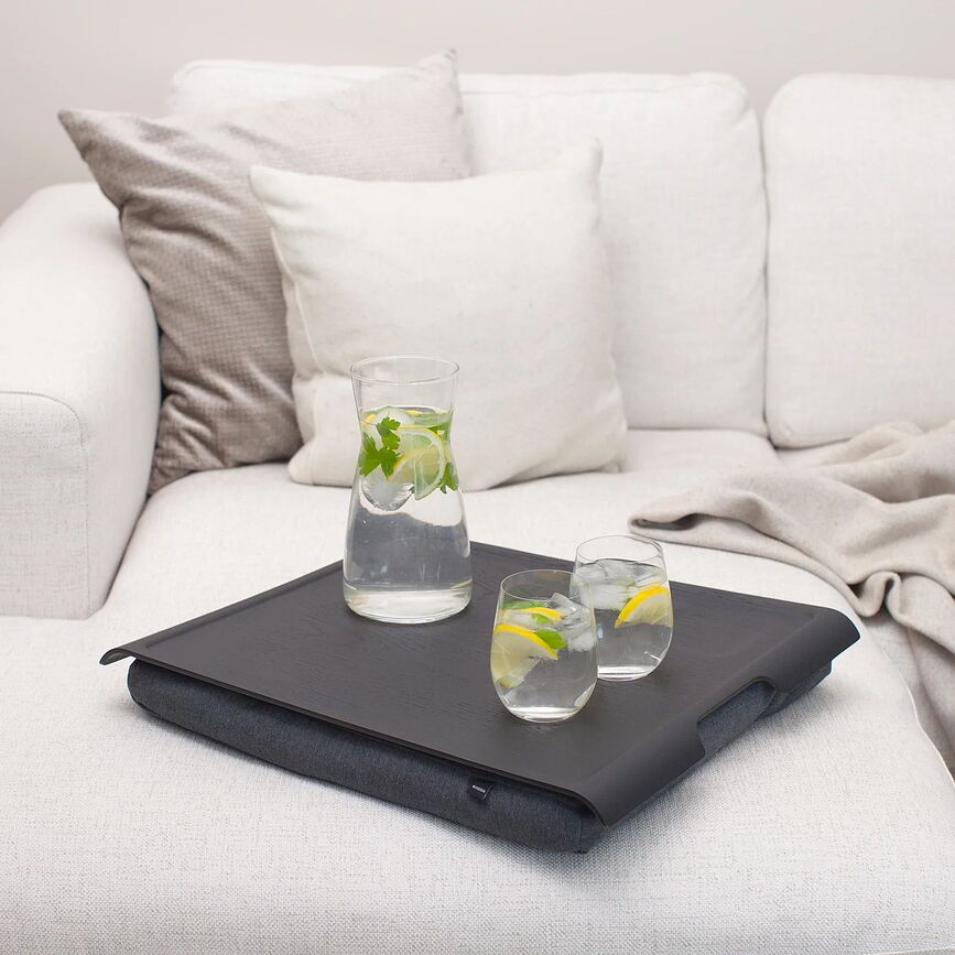 Laptray Plateau L, avec coussin gris, antidérapant, noir mat, en bois de saule