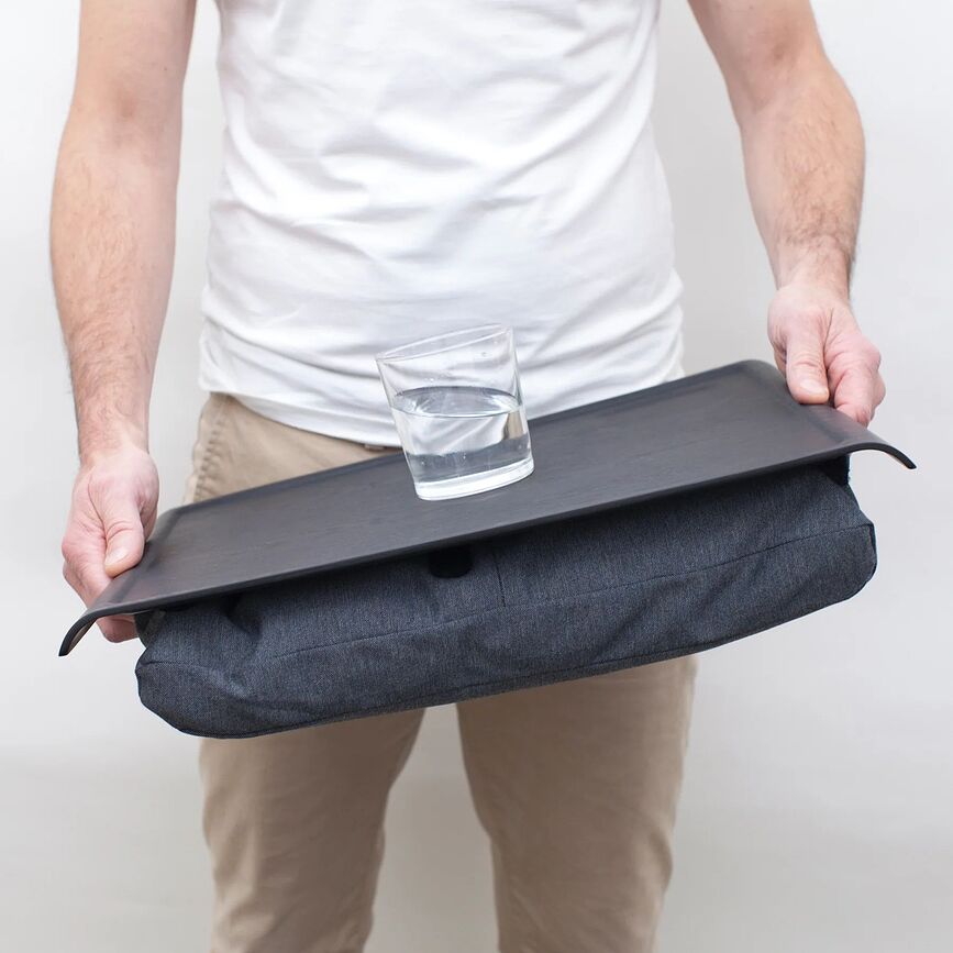 Laptray Plateau L, avec coussin gris, antidérapant, noir mat, en bois de saule
