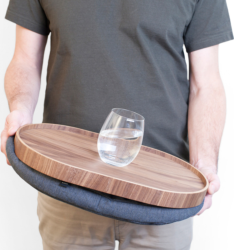 Laptray Plateau ovale, taille M, en bois de saule, antidérapant, avec coussin gris