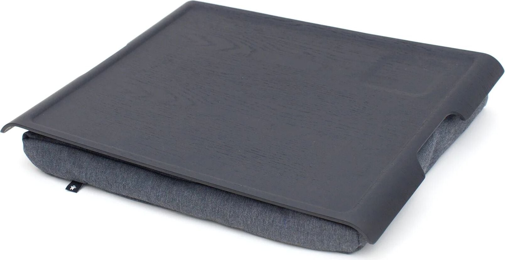 Laptray Tablett L schwarz matt Weidenholz mit Anti-Rutsch-Beschichtung mit grauem Kissen