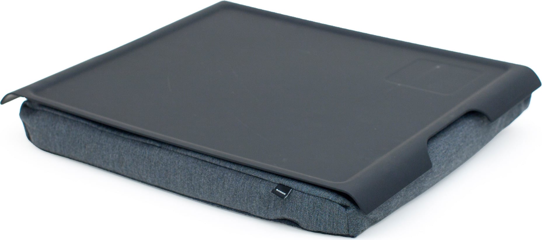 Laptray Tablett schwarz mit Anti-Rutsch-Beschichtung und mit einem grauen Kissen