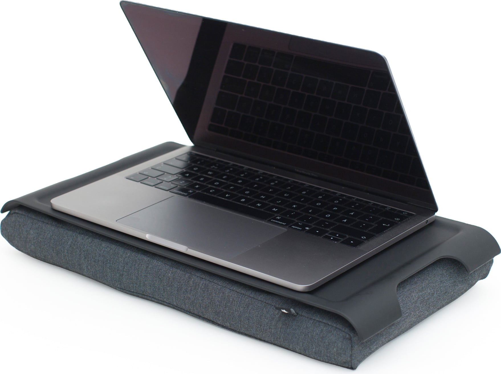 Mini Laptray Tablett schwarz Kunststoff mit Anti-Rutsch-Beschichtung und mit einem grauen Kissen