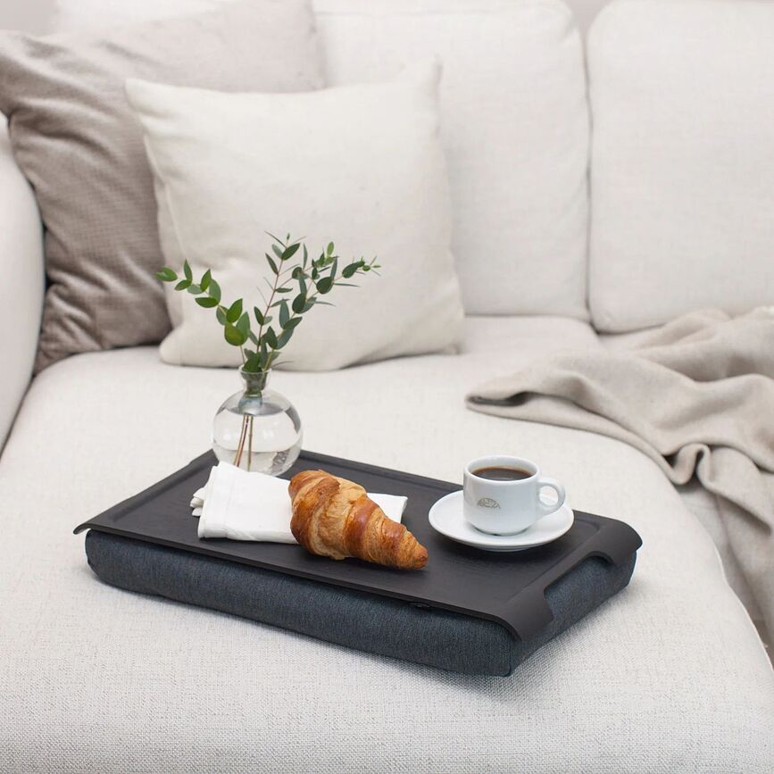 Mini Laptray Plateau pour genoux antidérapant, couleur noyer, avec coussin gris