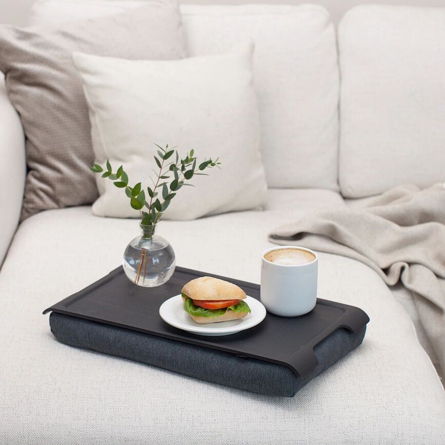 Mini Laptray Plateau pour genoux antidérapant, couleur noyer, avec coussin gris