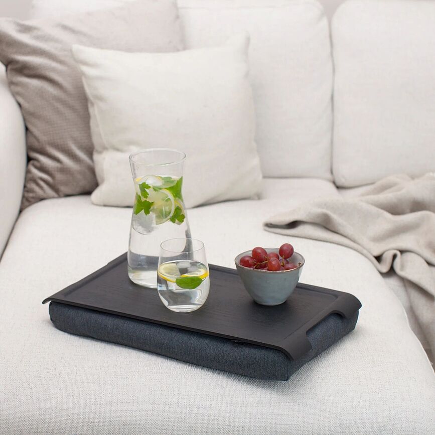 Mini Laptray Plateau pour genoux antidérapant, couleur noyer, avec coussin gris