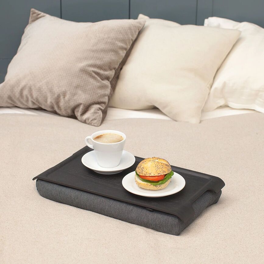 Mini Laptray Plateau pour genoux antidérapant, couleur noyer, avec coussin gris