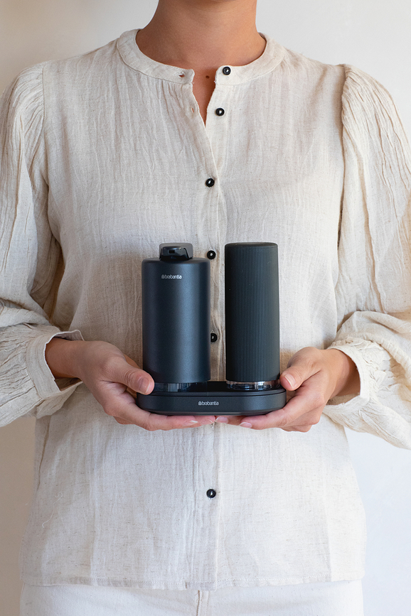 SinkStyle Distributeurs de Savon et de Liquide Vaisselle avec support, gris, Set 3 pièces