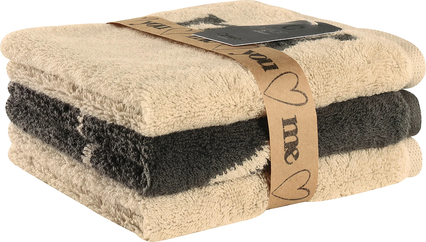 Serviettes Heart Beats You&Me 30 x 30 cm, beige-gris, lot de 3