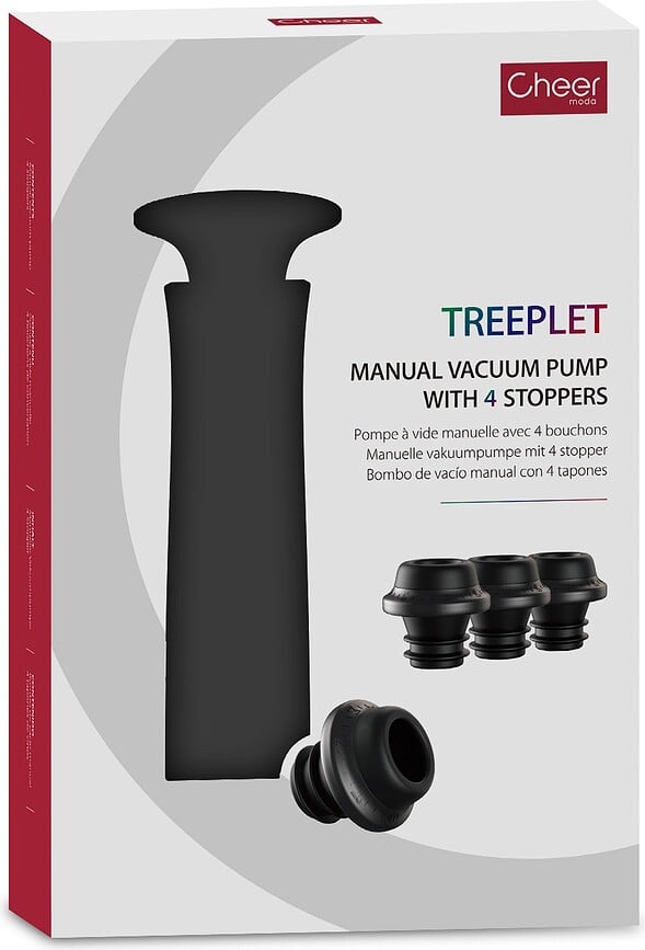 Bomba de Vacío para Vino Treeplet, con tapones, roja, Set de 5 piezas