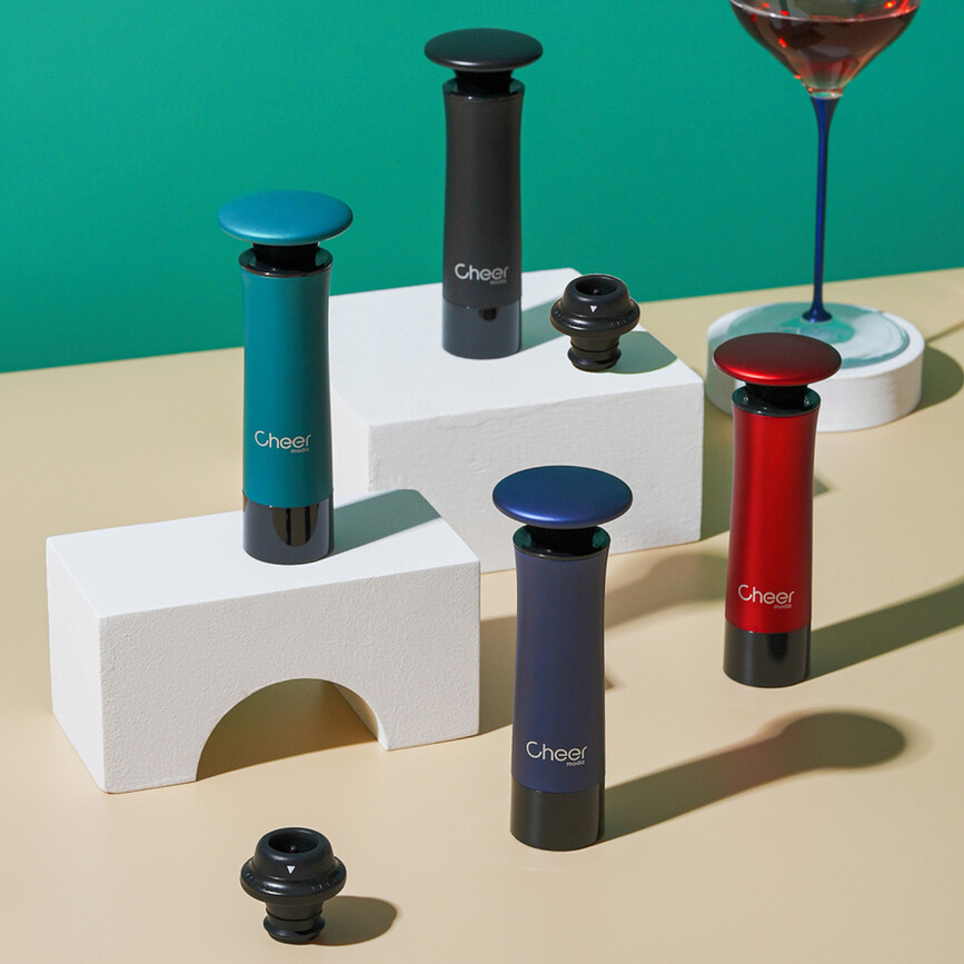 Bomba de Vacío para Vino Treeplet, con tapones, roja, Set de 5 piezas