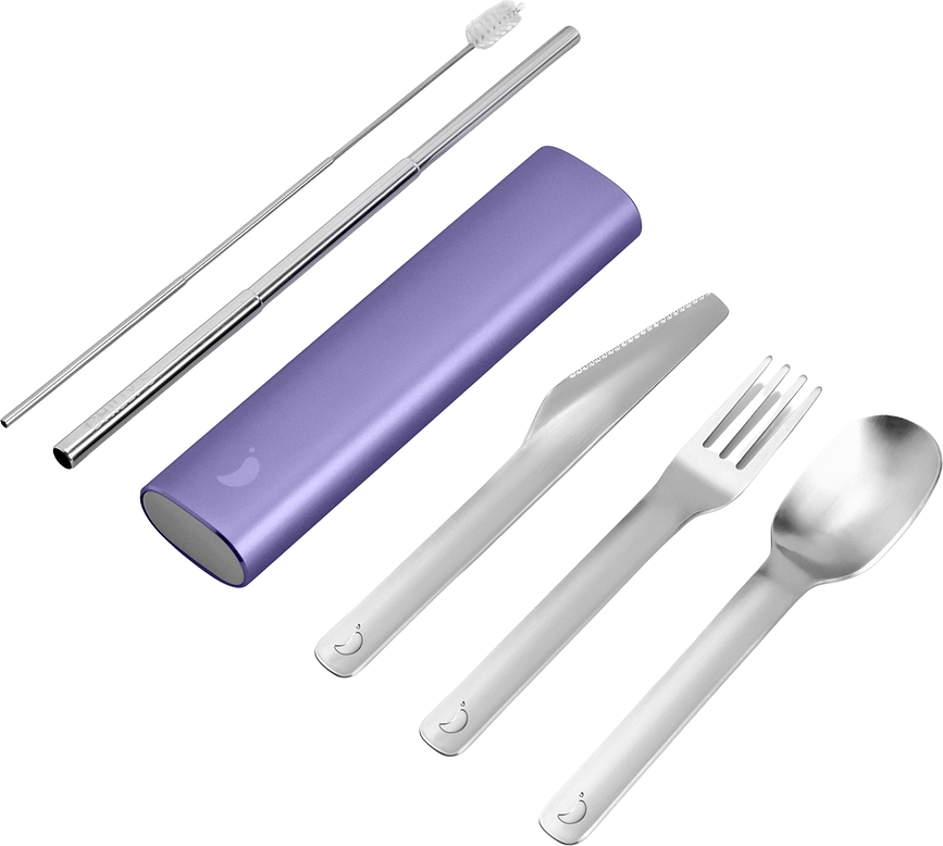Set de Cubiertos con pajita y cepillo limpiador Chilly's Bottles, en estuche lavanda, Set de 6 piezas
